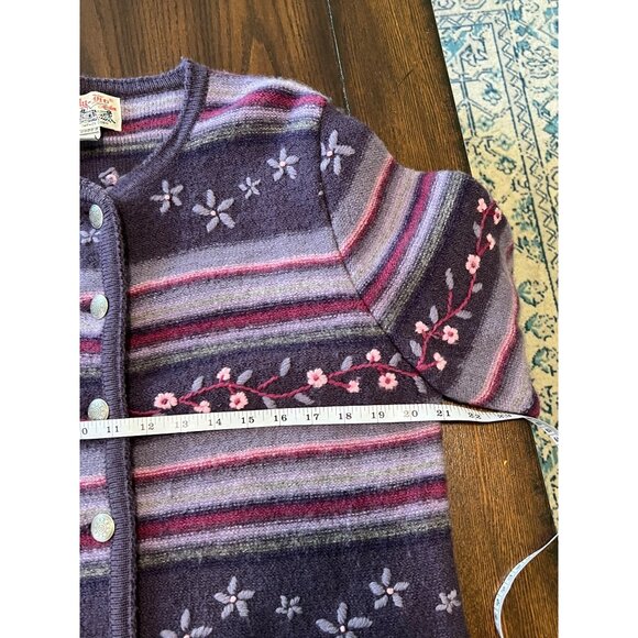 Tally-Ho Purple Striped Floral 100% Wool Button Down Cardigan Medium - Picture 7 of 8